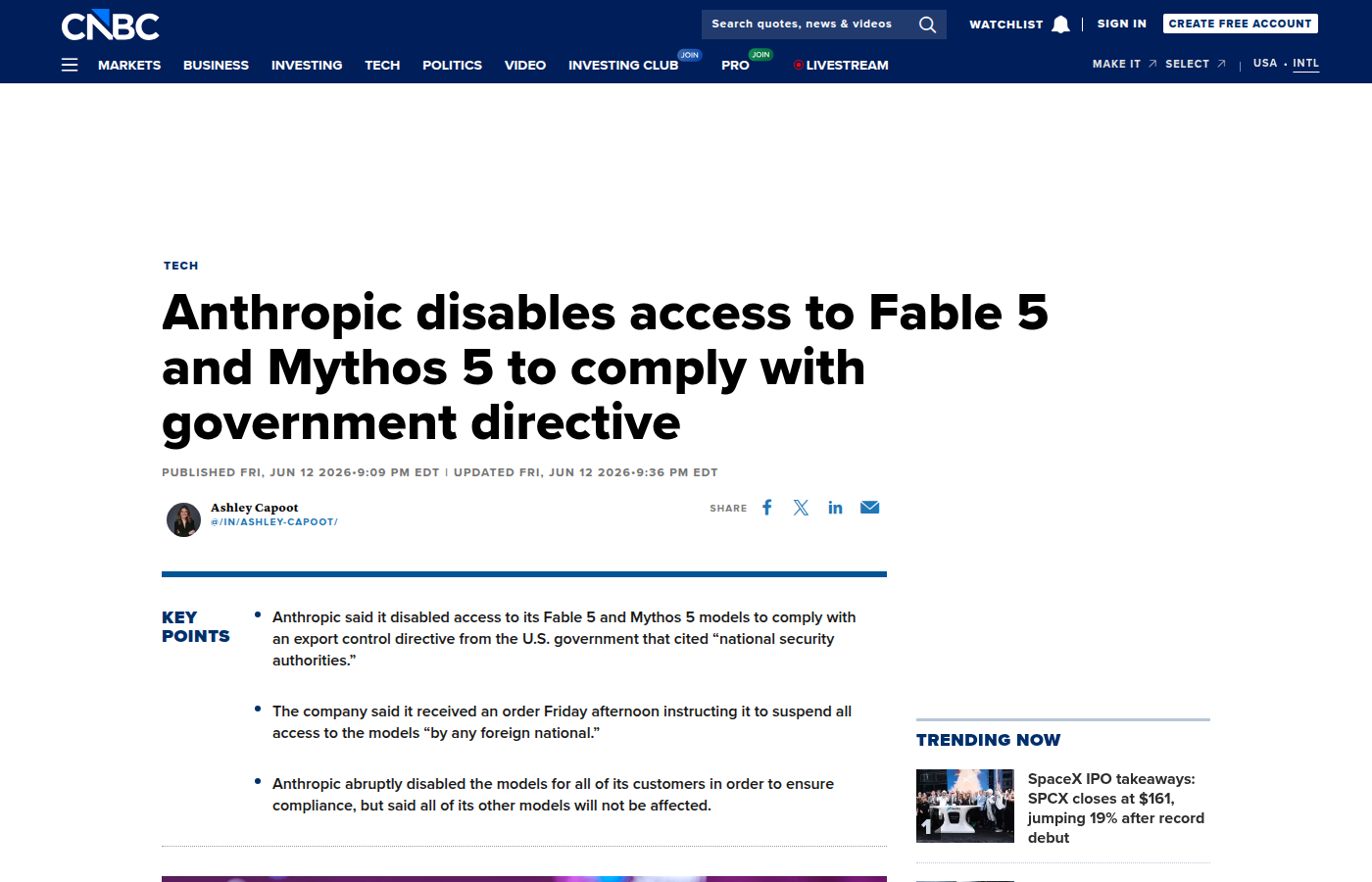 CNBC coverage of Anthropic disabling access to Fable 5 and Mythos 5