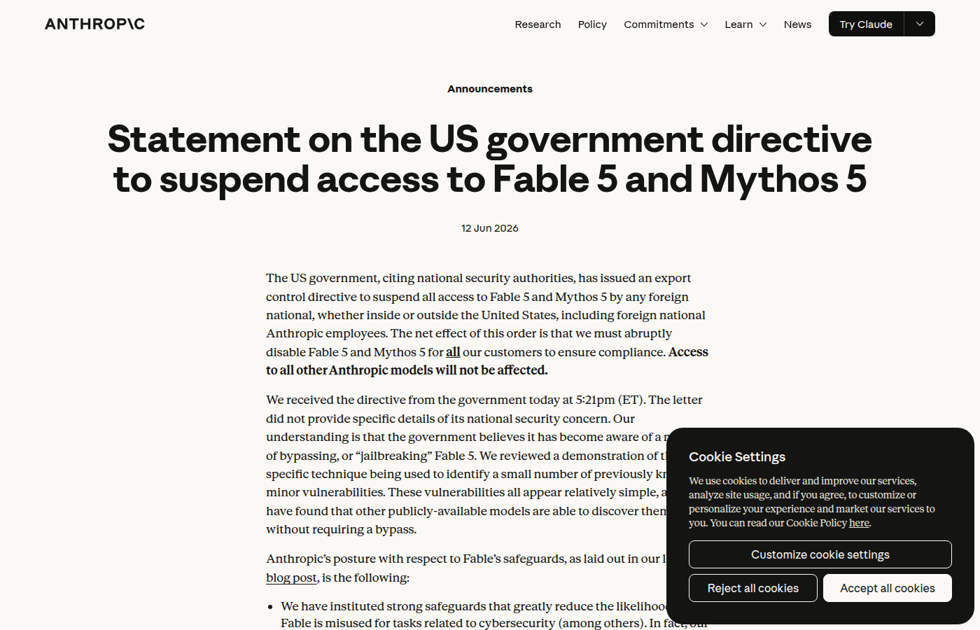 Screenshot of Anthropic's official statement on the Fable 5 and Mythos 5 access suspension