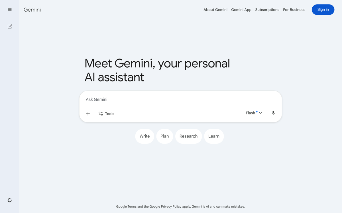 Google Gemini app home with multimodal prompt bar and model picker on gemini.google.com