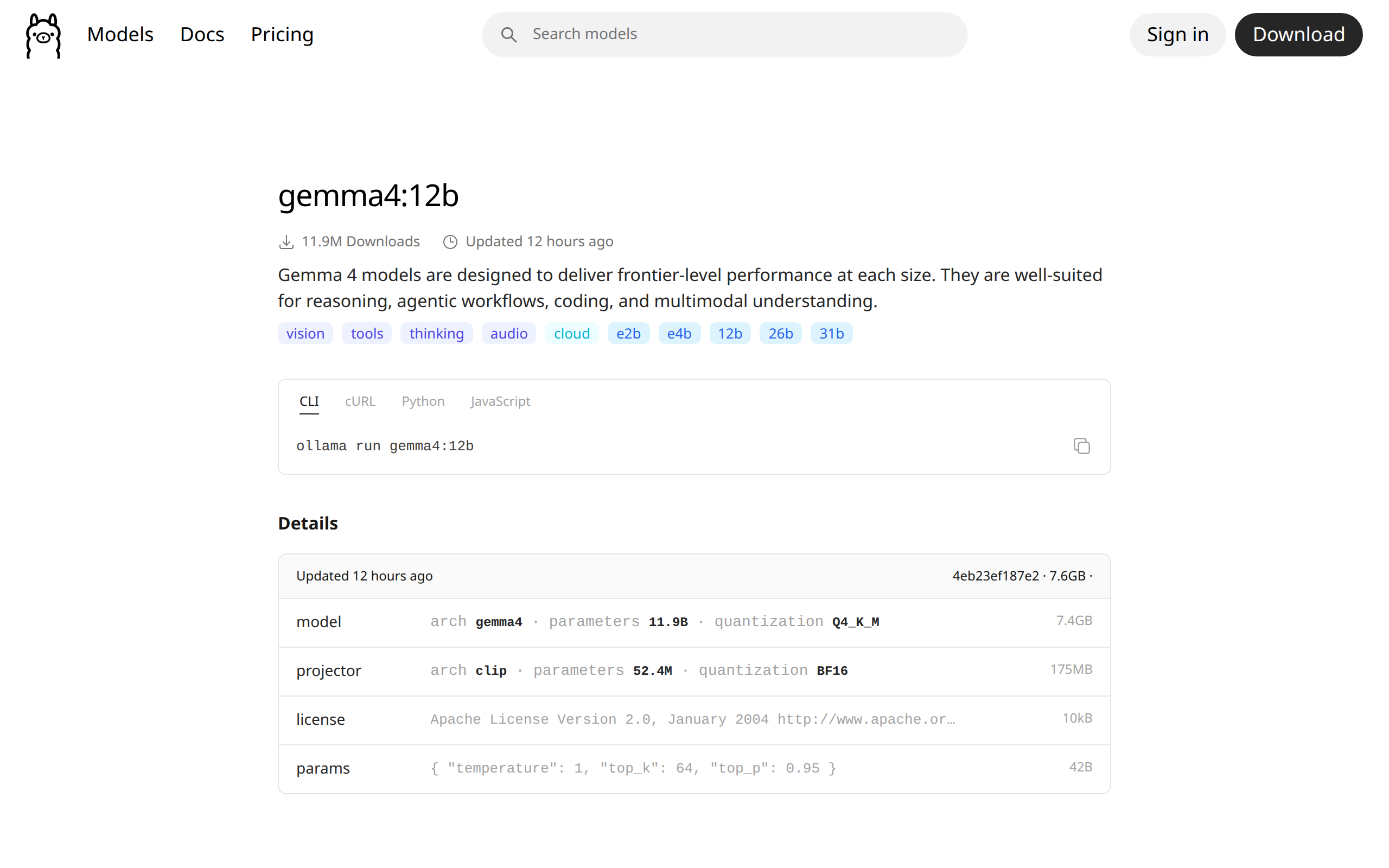Ollama library page for gemma4:12b showing Q4_K_M size and vision tag