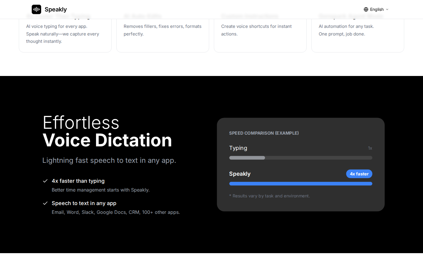 Genspark Speakly features section on speakly.ai showing dictation modes, custom instructions, and meeting notes capabilities