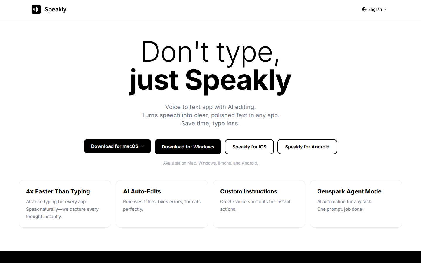 Genspark Speakly homepage at speakly.ai showing voice dictation features and app download options