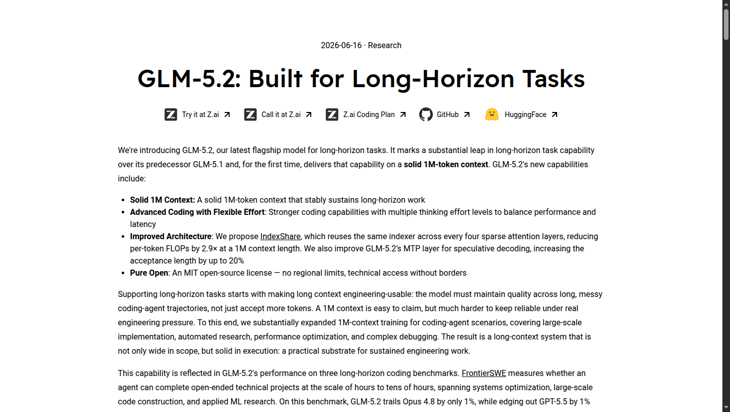 Z.ai official blog page announcing GLM-5.2 Built for Long-Horizon Tasks on z.ai
