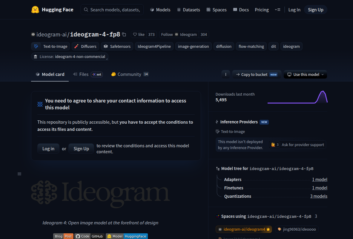 Hugging Face model page for ideogram-ai/ideogram-4-fp8 showing FP8 weights and downloads