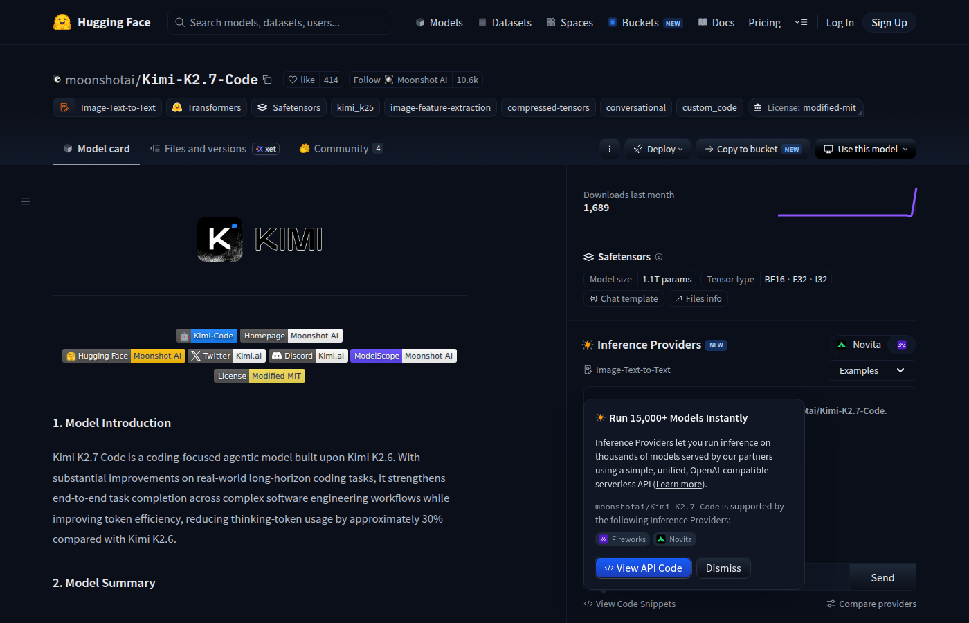 Hugging Face model card for Kimi K2.7 Code showing weights, license, and community stats