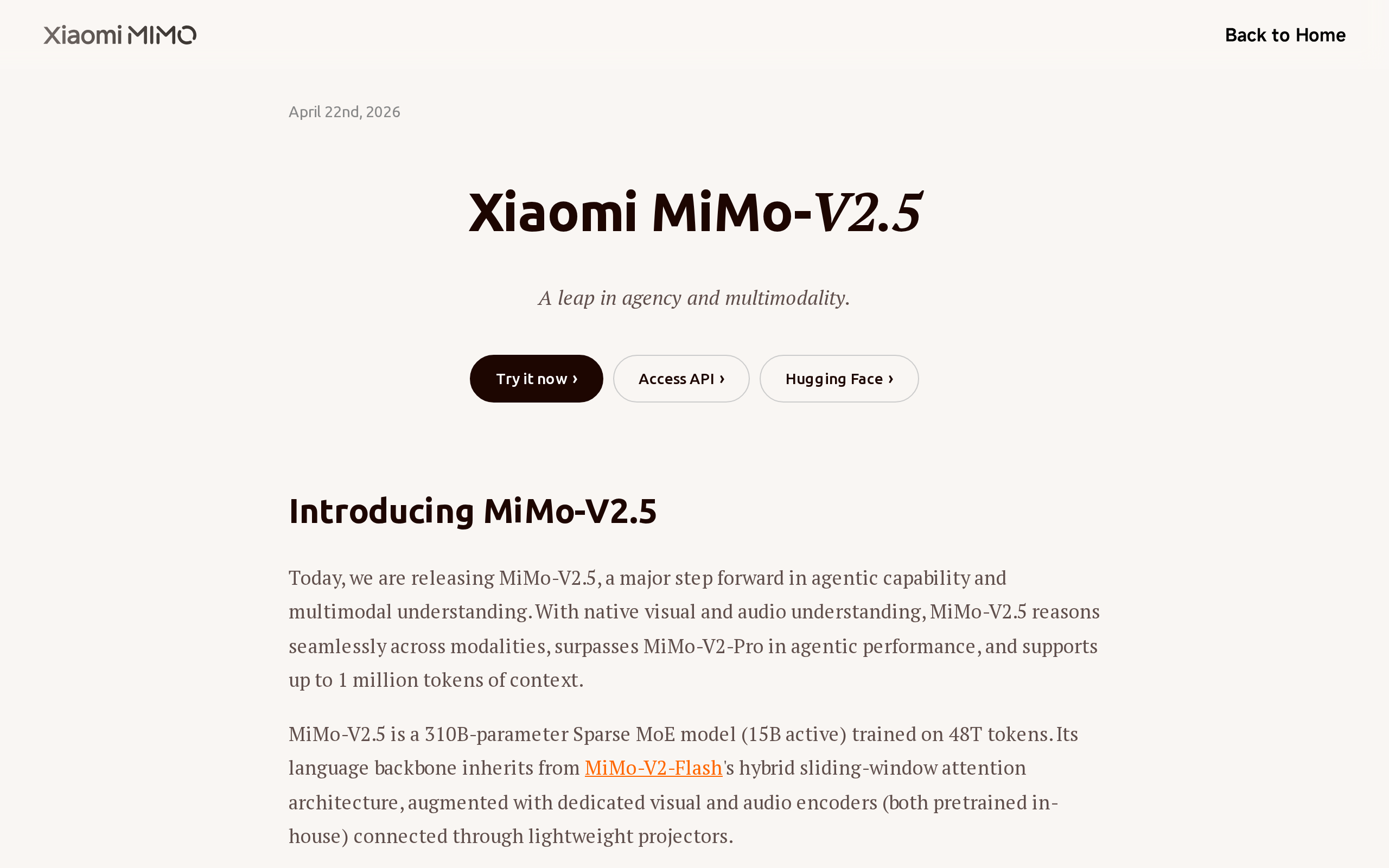 Xiaomi MiMo V2.5 product page showing multimodal capabilities and benchmark scores on mimo.xiaomi.com