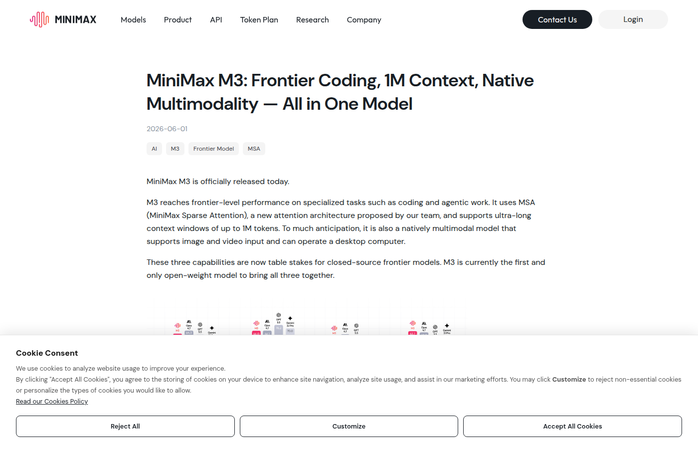 MiniMax M3 announcement page on minimax.io showing model specs and launch details