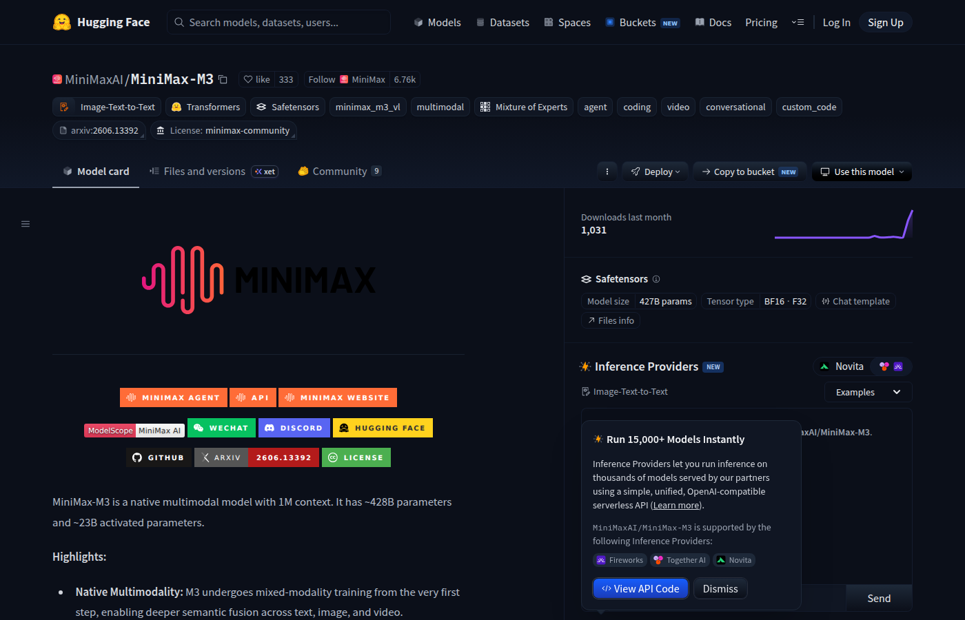 MiniMax M3 Hugging Face model card showing weights, license, and download stats