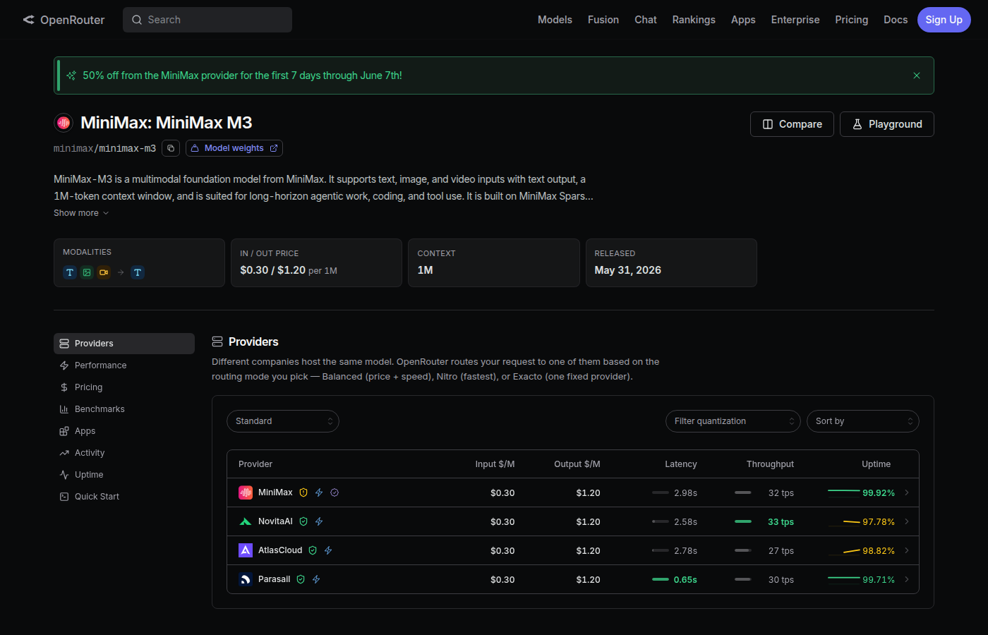 OpenRouter listing for MiniMax M3 with pricing, context window, and provider options