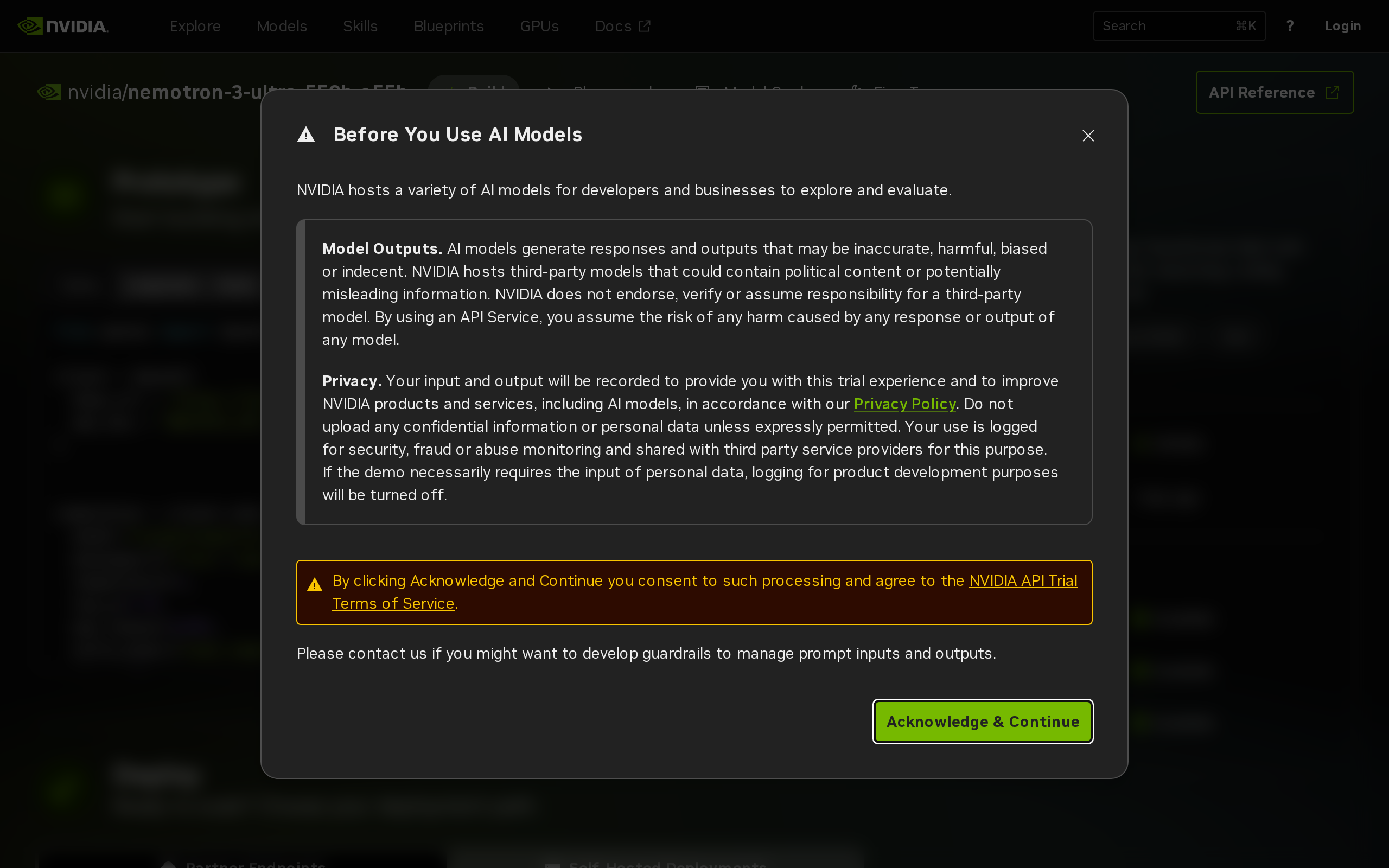 NVIDIA build.nvidia.com model card for Nemotron 3 Ultra 550B showing specs and deploy options