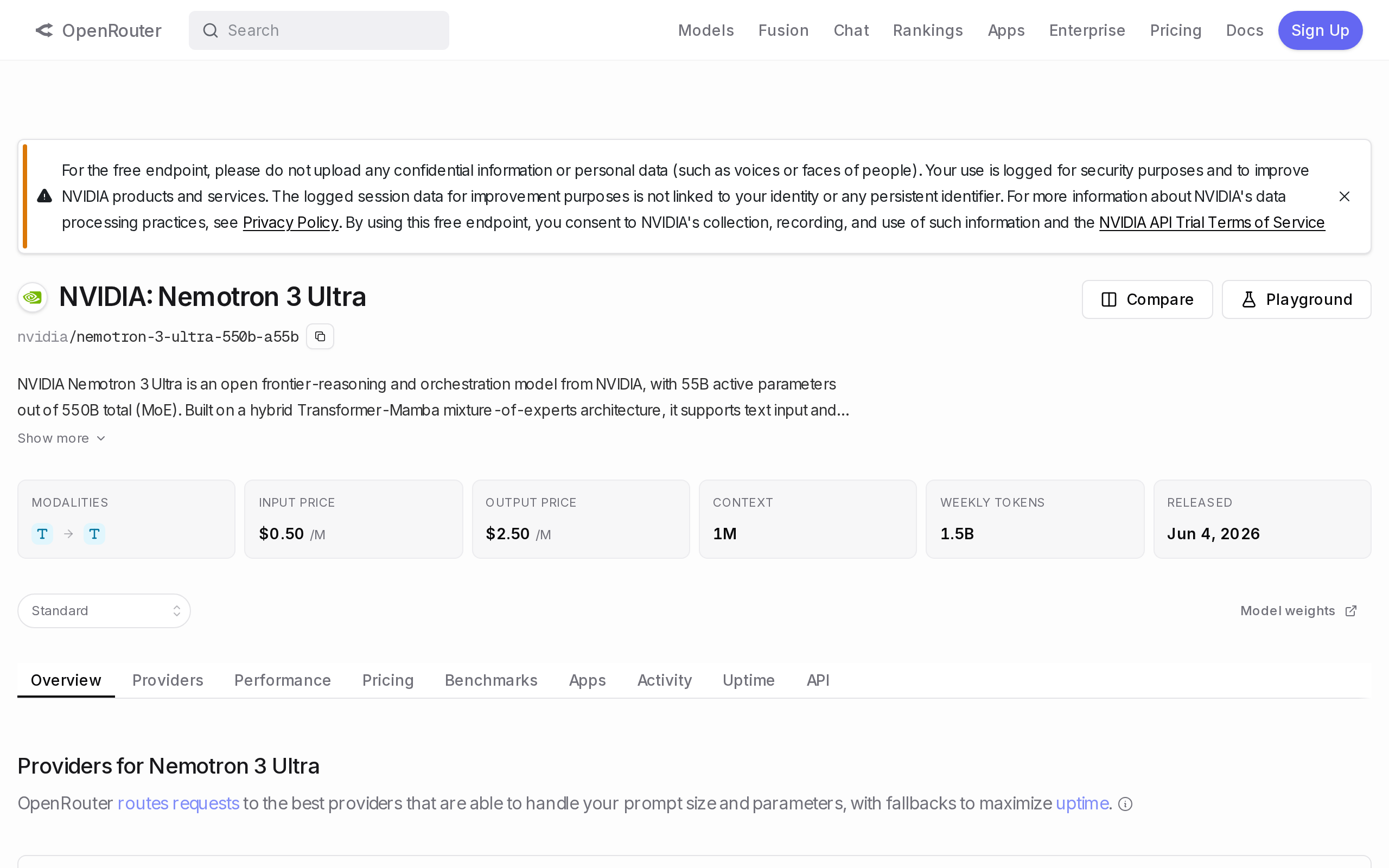 OpenRouter catalog page for nvidia/nemotron-3-ultra-550b-a55b with pricing and context limits
