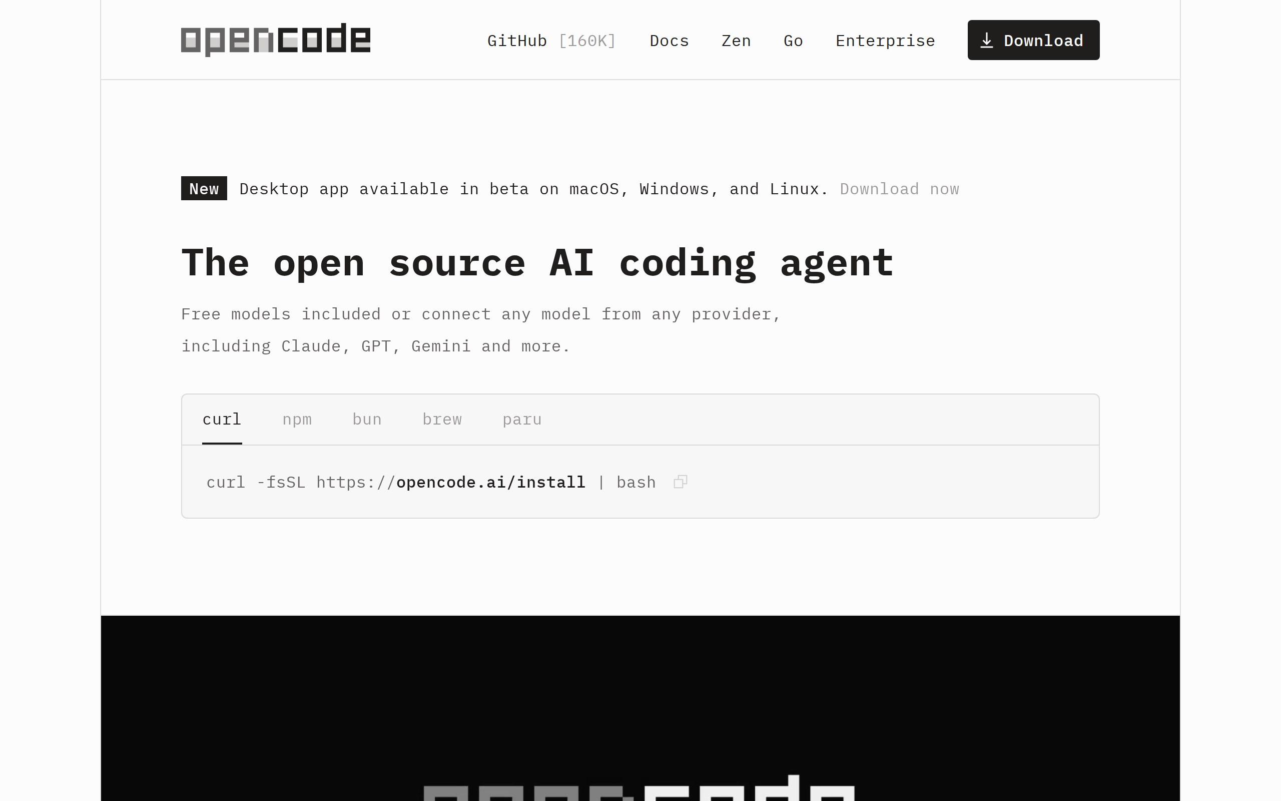 OpenCode AI coding agent homepage on opencode.ai