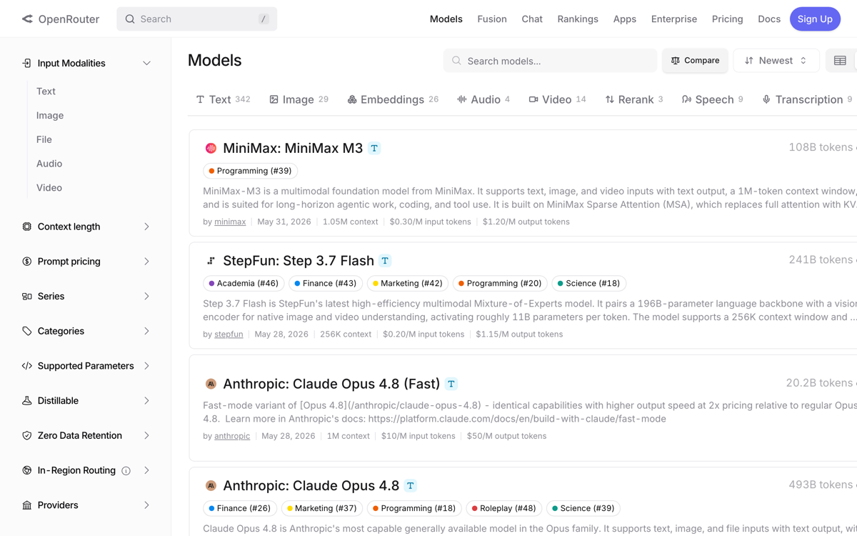 OpenRouter models catalog used during API and pricing checks
