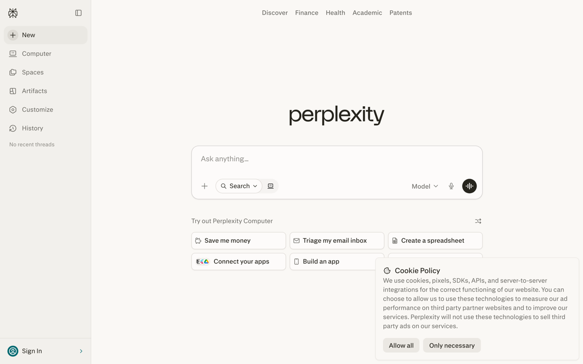 Perplexity home on perplexity.ai with search and cited answers