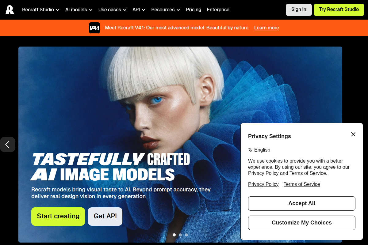 Recraft AI homepage showing vector-native AI image generator with brand-style controls