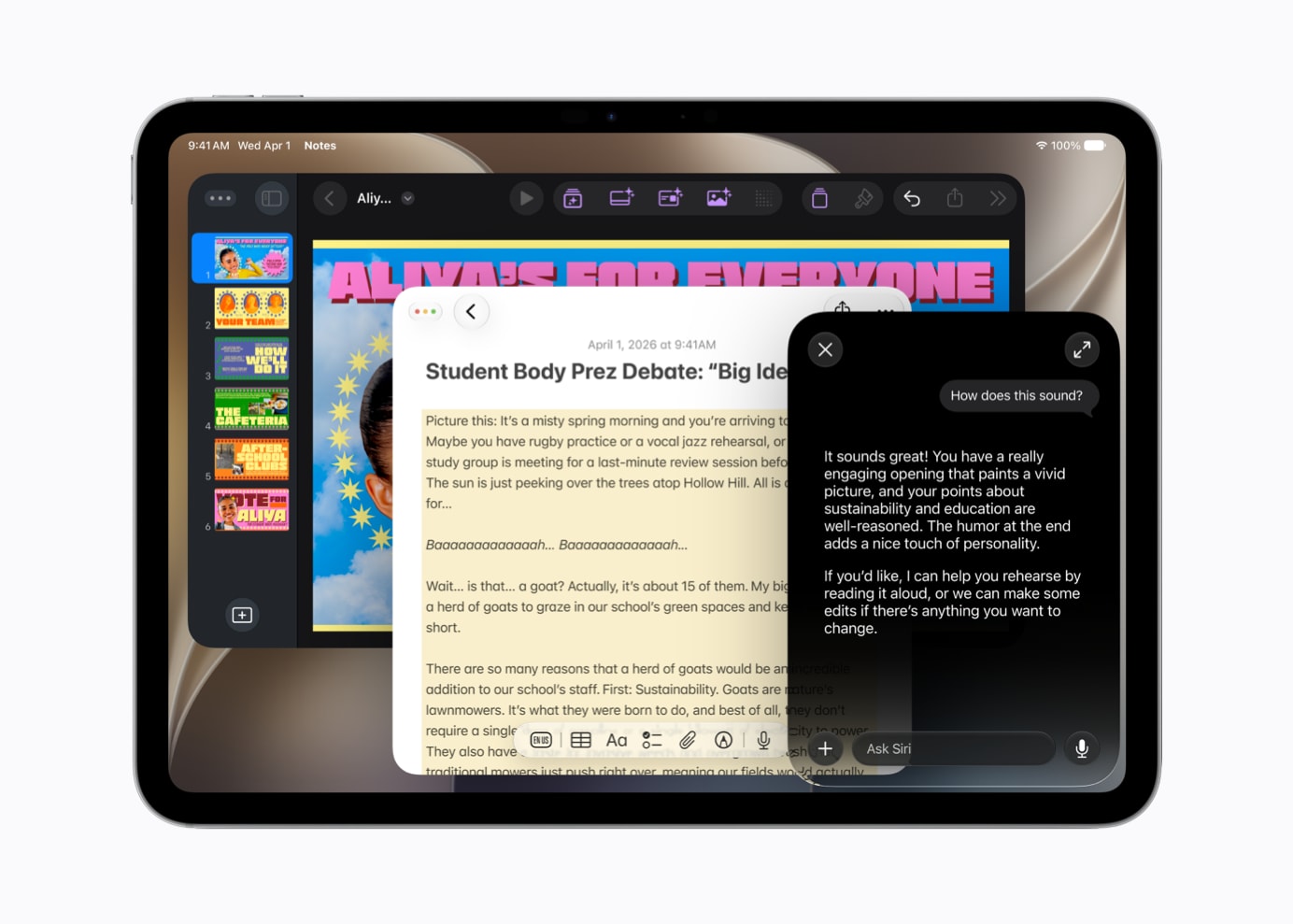 Siri AI giving writing tips and suggestions for a document on iPhone