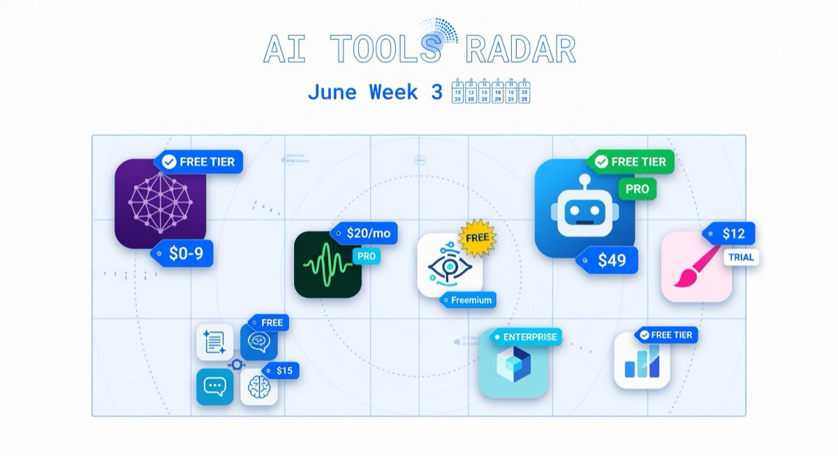 June 2026 week 3 AI tools radar showing pricing and free tier comparison icons