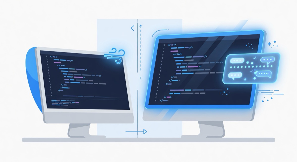 Windsurf and Cursor AI code editors side by side on developer monitors